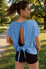 Fisoew Women's Blue Open Back Tie Workout Crop  Breathable T-shirt