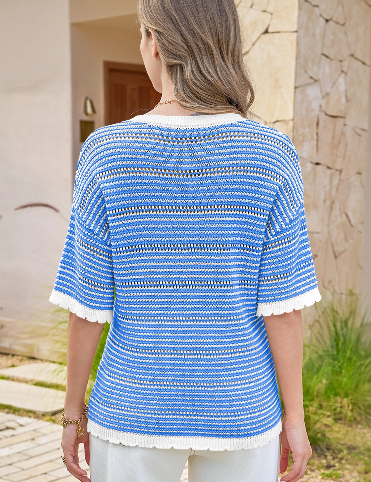 Fisoew Women's Blue Striped Cropped Knit Tops - Fisoew