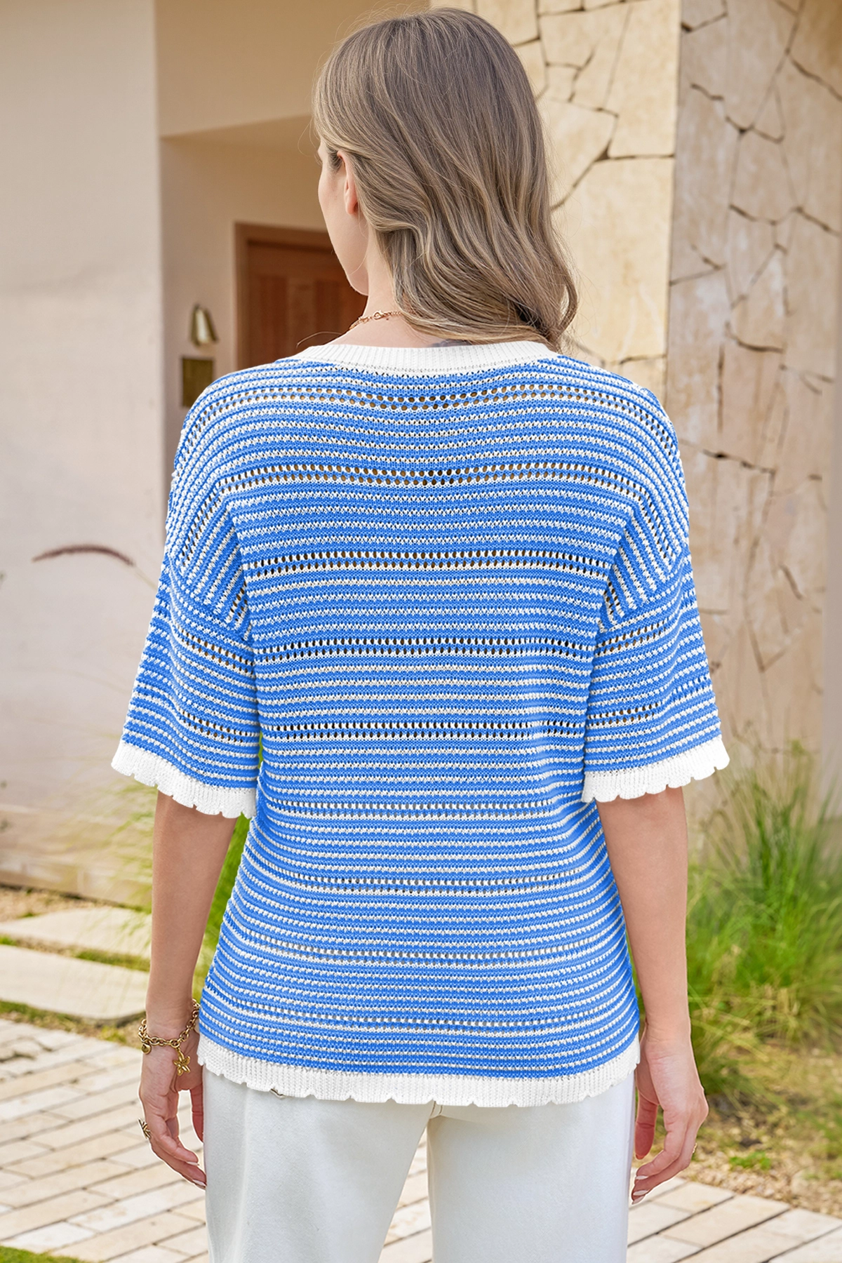 Fisoew Women's Blue Striped Cropped Knit Tops