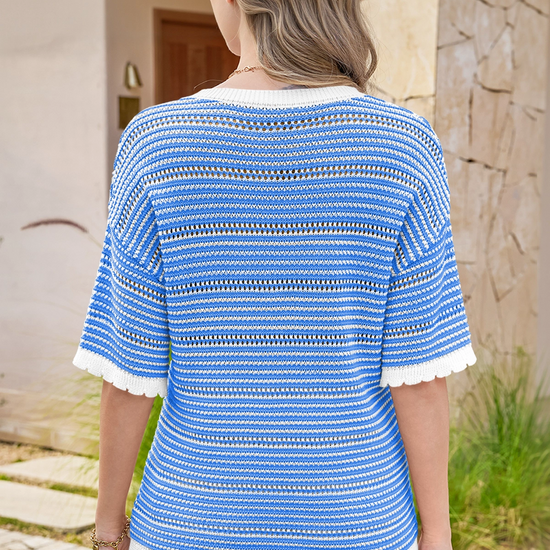 Fisoew Women's Blue Striped Cropped Knit Tops - Fisoew