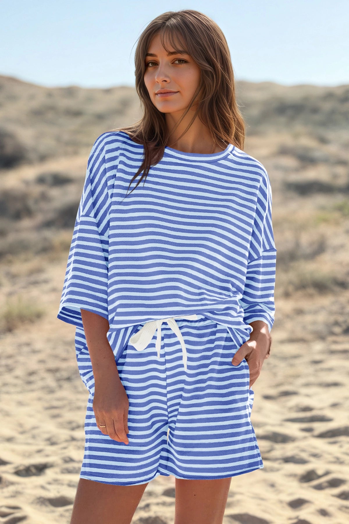 Womens Blue Striped Short Sets 2 Piece Fisoew