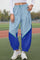 Womens Blue Elastic Waist Color Block Pants Fisoew - Fisoew