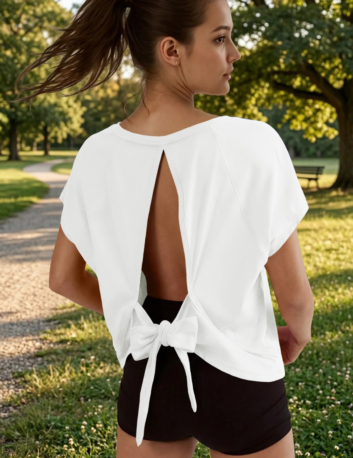 Fisoew Women's White Open Back Tie Workout Crop  Breathable T-shirt - Fisoew