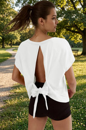 Fisoew Women's White Open Back Tie Workout Crop  Breathable T-shirt - Fisoew