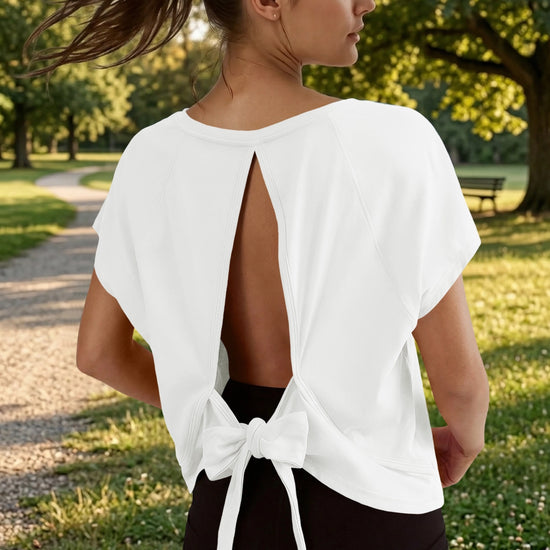 Fisoew Women's White Open Back Tie Workout Crop  Breathable T-shirt - Fisoew