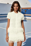 Womens White 2 Piece Outfits Sweater Tops Fringe Skirt Fisoew - Fisoew