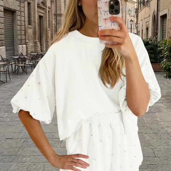 Womens White Pearl 2-Piece Lounge Short Set  Fisoew - Fisoew