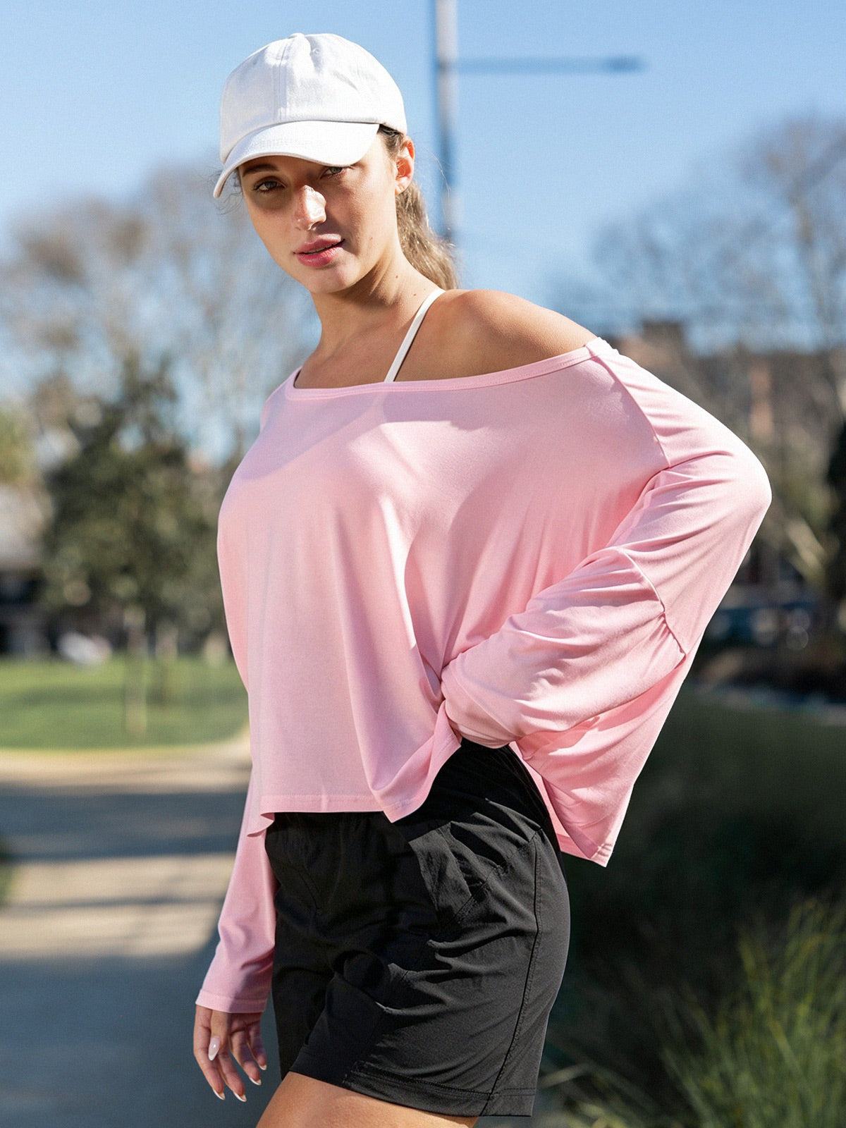 Off Shoulder Solid Long Sleeve T-Shirts - Fisoew