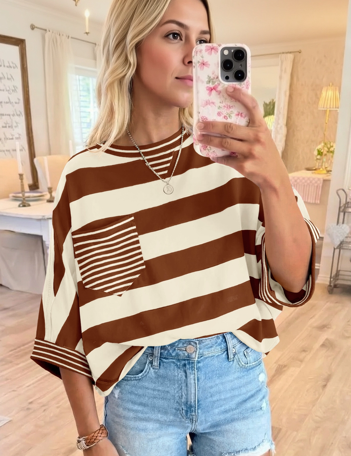 Fisoew Women's Coffee 2026 Summer Color Block Striped T-Shirts - Fisoew