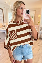 Fisoew Women's Coffee 2026 Summer Color Block Striped T-Shirts - Fisoew