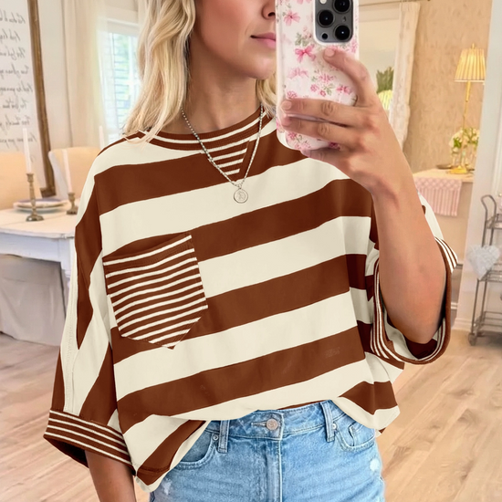 Fisoew Women's Coffee 2026 Summer Color Block Striped T-Shirts - Fisoew