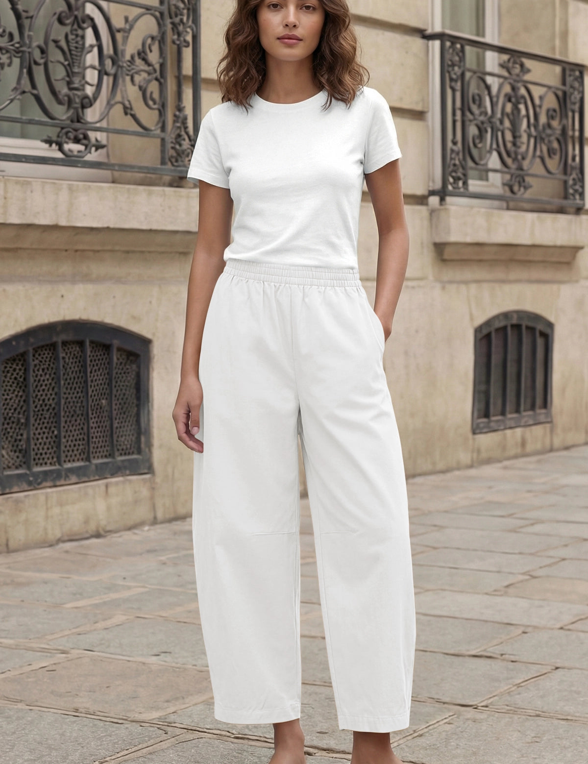 Fisoew Women's White Wide Leg Barrel Pants - Fisoew