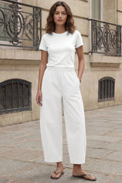 Fisoew Women's White Wide Leg Barrel Pants - Fisoew