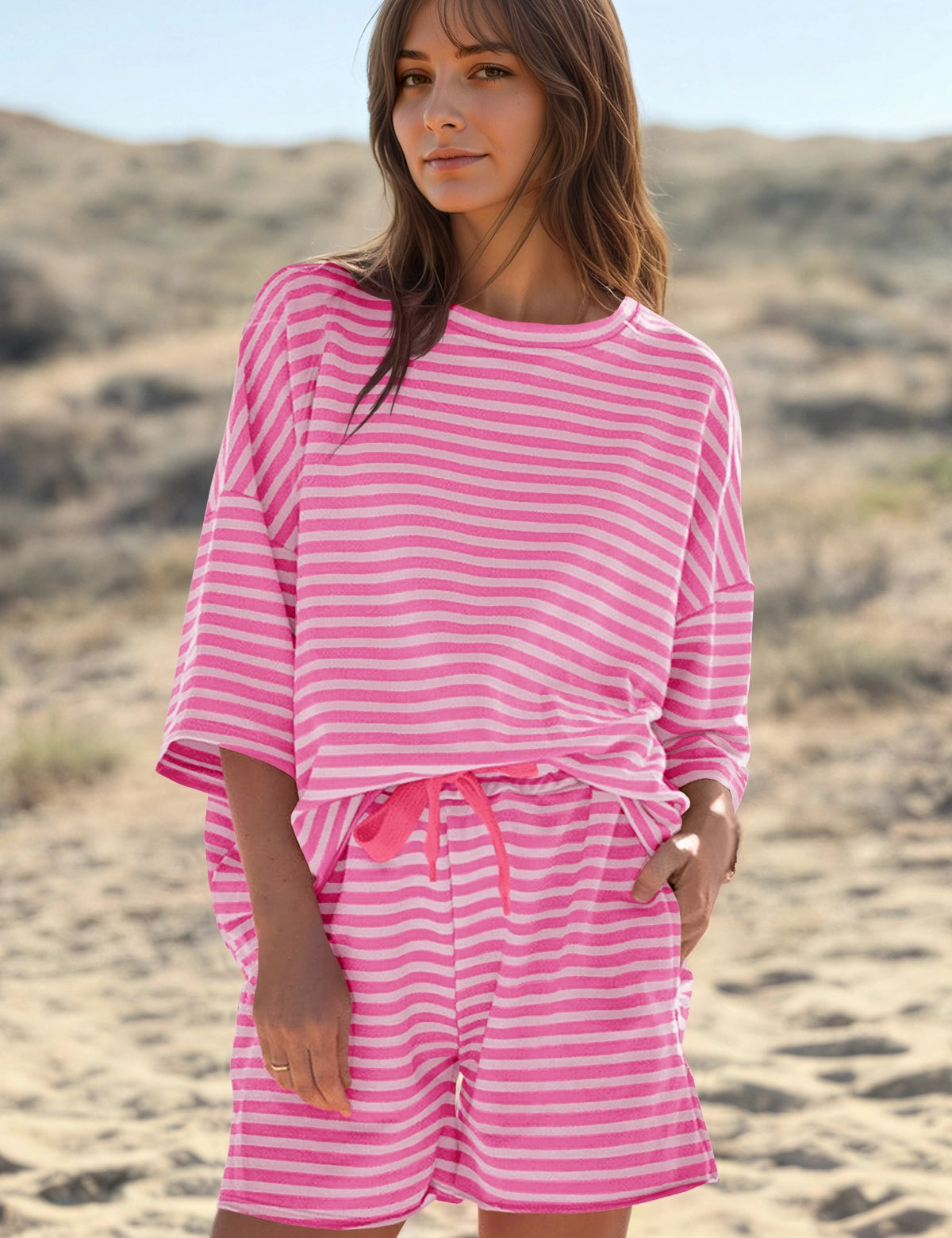 Womens Pink Striped Short Sets 2 Piece Fisoew - Fisoew