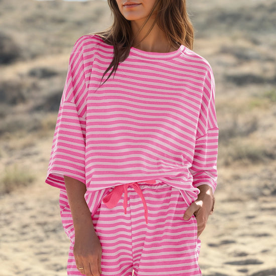 Womens Pink Striped Short Sets 2 Piece Fisoew - Fisoew