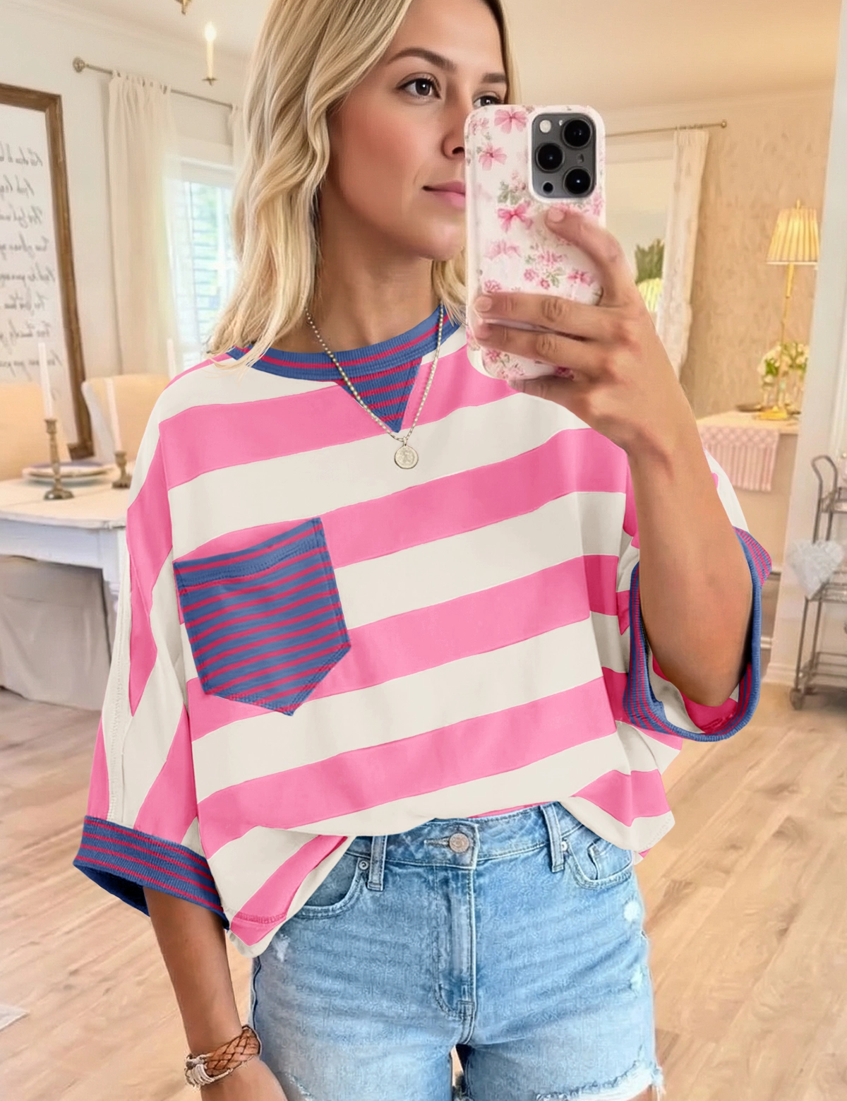 Fisoew Women's Pink 2026 Summer Color Block Striped T-Shirts - Fisoew