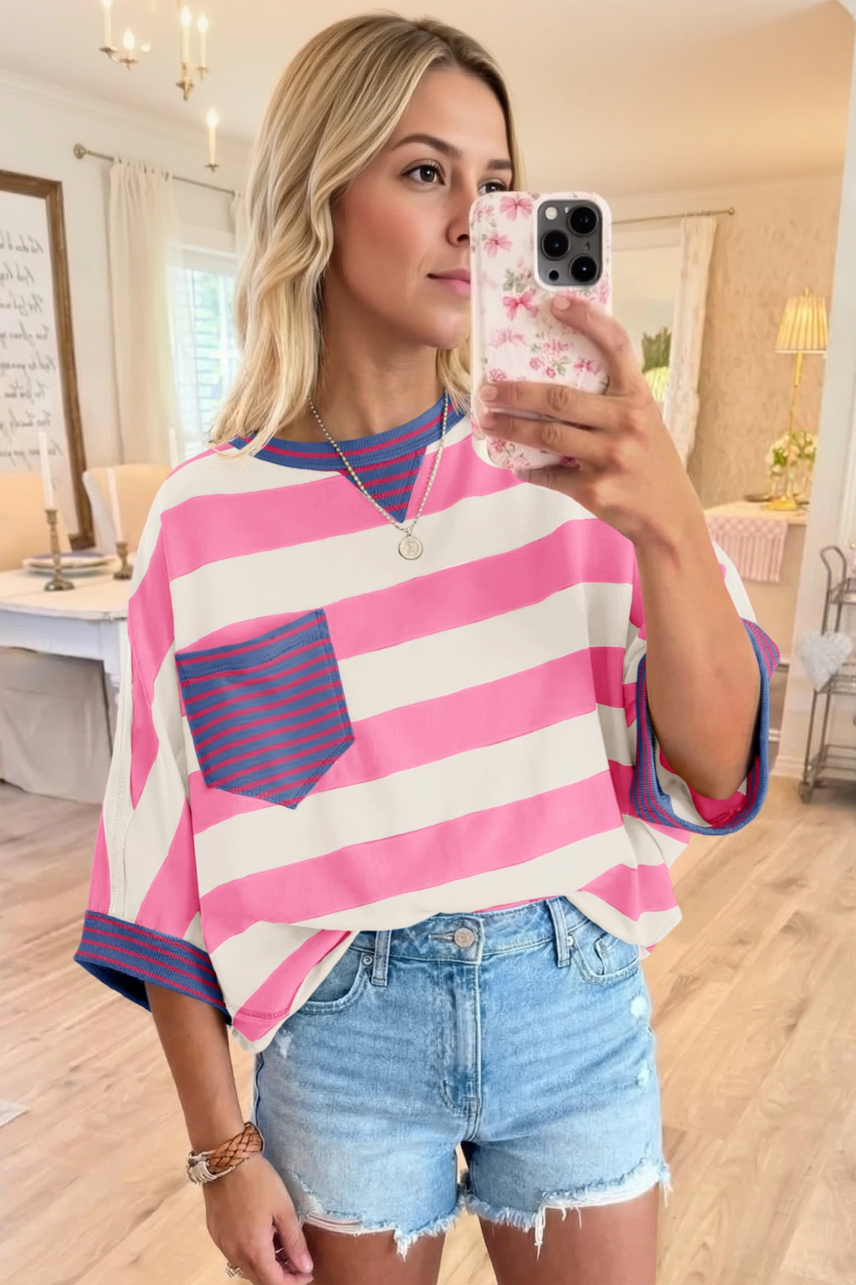 Fisoew Women's Pink 2026 Summer Color Block Striped T-Shirts - Fisoew