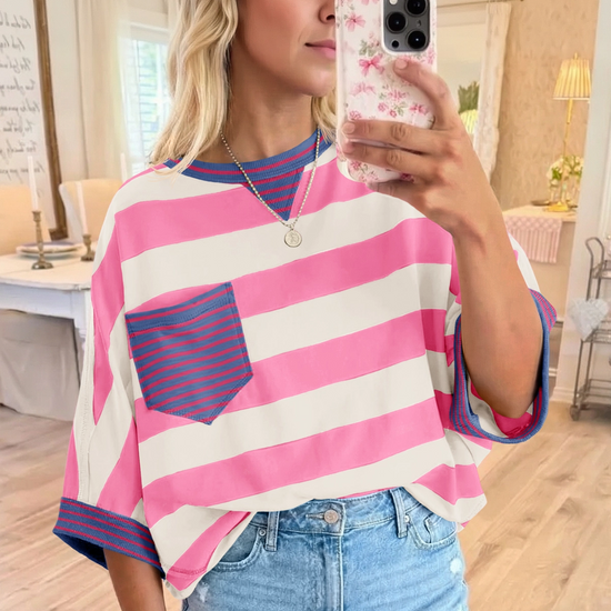 Fisoew Women's Pink 2026 Summer Color Block Striped T-Shirts - Fisoew