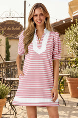 Fisoew Women's Pink Casual Short Puff SleeveT Shirt Mini Dress