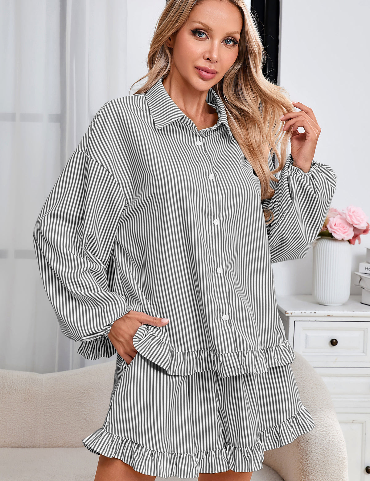 Womens Black Stripe 2Pcs Ruffle Shorts Pajama Set  Fisoew
