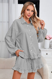 Womens Black Stripe 2Pcs Ruffle Shorts Pajama Set  Fisoew