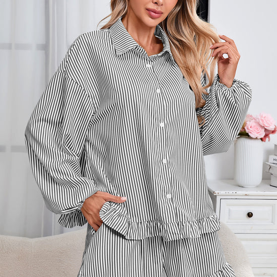 Womens Black Stripe 2Pcs Ruffle Shorts Pajama Set  Fisoew - Fisoew