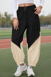 Womens Black Elastic Waist Color Block Pants Fisoew - Fisoew