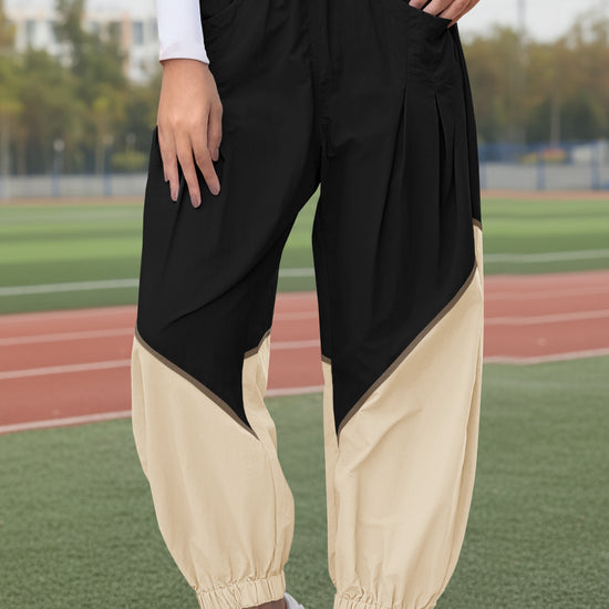 Womens Black Elastic Waist Color Block Pants Fisoew - Fisoew