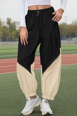 Womens Black Elastic Waist Color Block Pants Fisoew