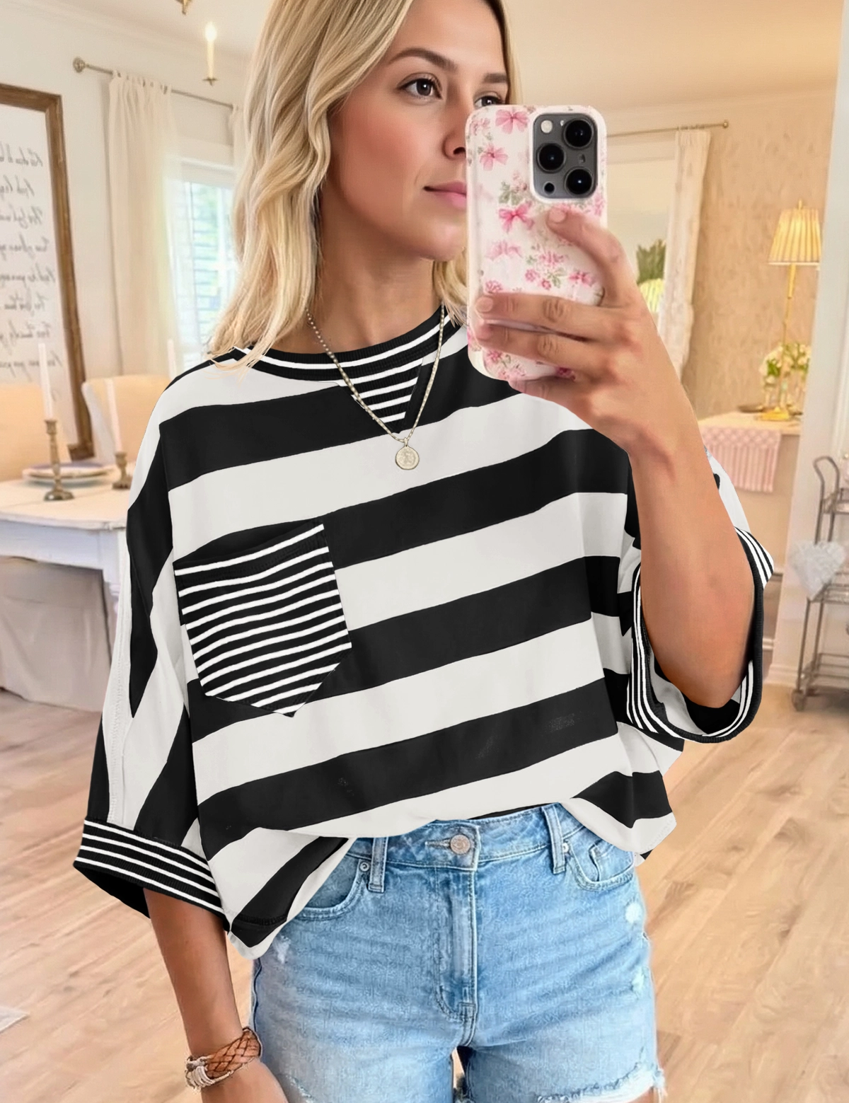 Fisoew Women's Black&white 2026 Summer Color Block Striped T-Shirts - Fisoew