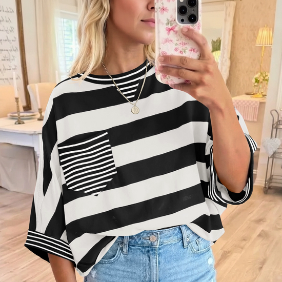 Fisoew Women's Black&white 2026 Summer Color Block Striped T-Shirts - Fisoew