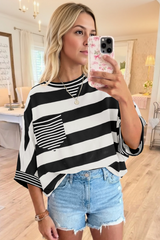 Fisoew Women's Black&white 2026 Summer Color Block Striped T-Shirts