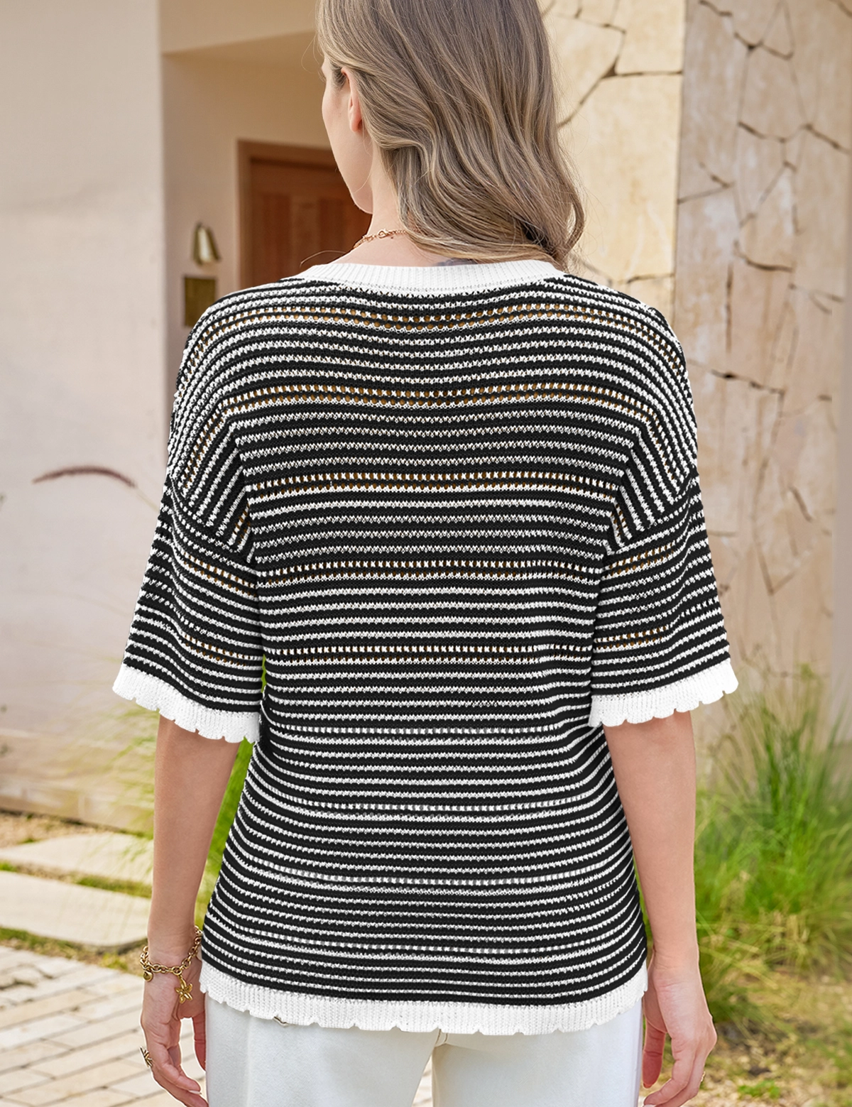 Fisoew Women's Black Striped Cropped Knit Tops - Fisoew