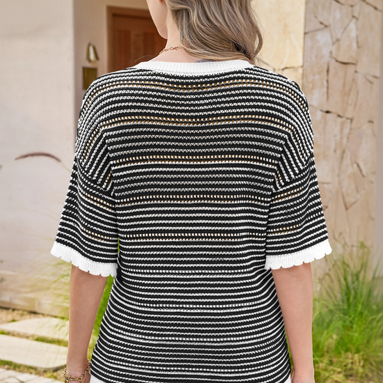 Fisoew Women's Black Striped Cropped Knit Tops - Fisoew