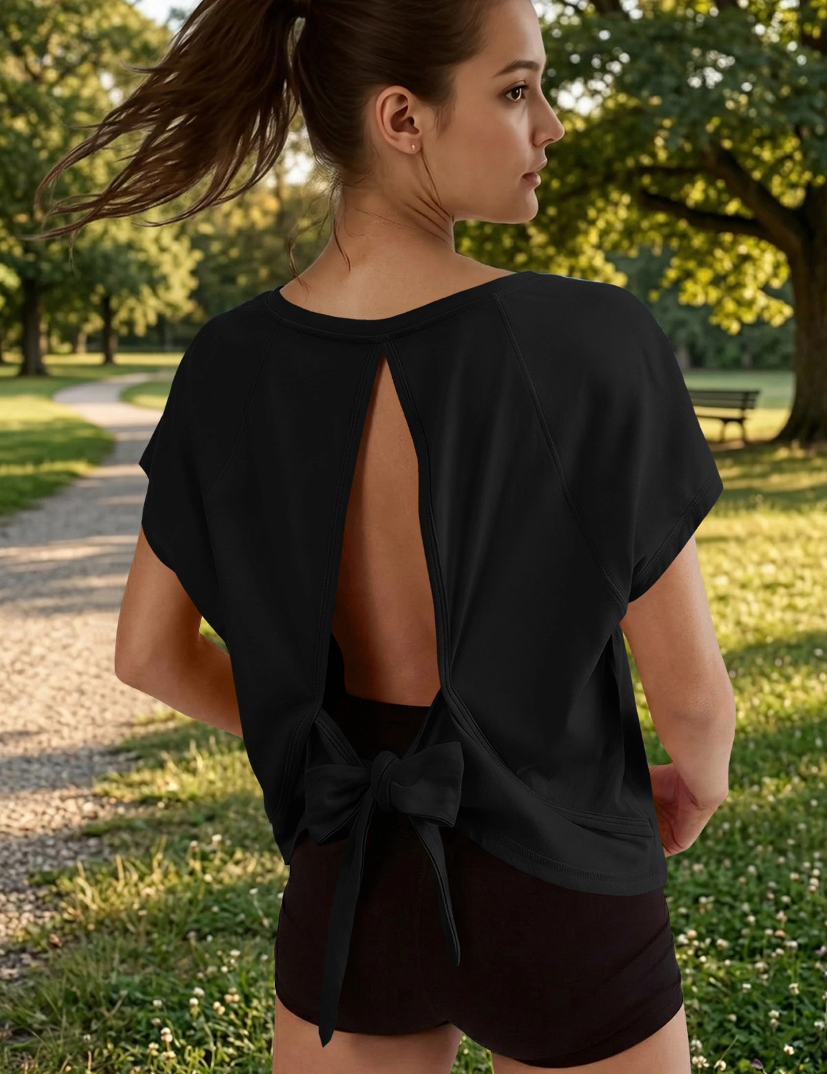 Fisoew Women's Black Open Back Tie Workout Crop  Breathable T-shirt - Fisoew