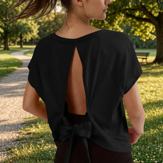 Fisoew Women's Black Open Back Tie Workout Crop  Breathable T-shirt - Fisoew