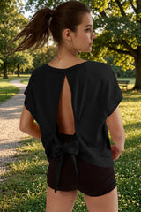Fisoew Women's Black Open Back Tie Workout Crop  Breathable T-shirt
