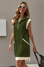 Womens Army Green Half-Zip Contrast Casual Mini Dress Fisoew - Fisoew