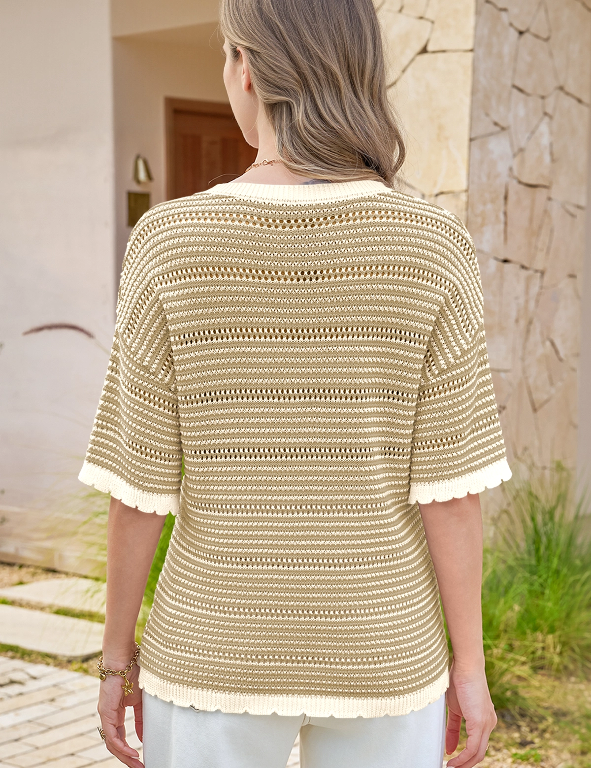 Fisoew Women's Khaki Striped Cropped Knit Tops - Fisoew