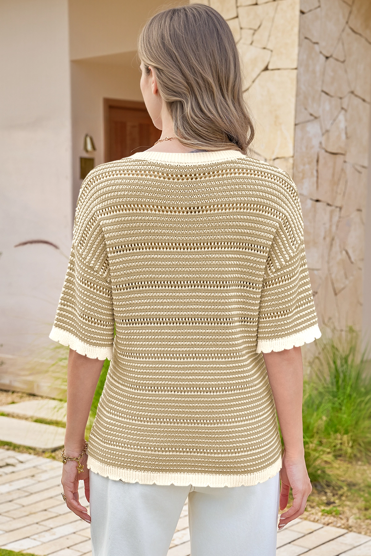 Fisoew Women's Khaki Striped Cropped Knit Tops