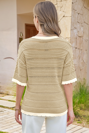Fisoew Women's Khaki Striped Cropped Knit Tops