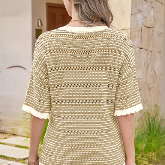 Fisoew Women's Khaki Striped Cropped Knit Tops - Fisoew