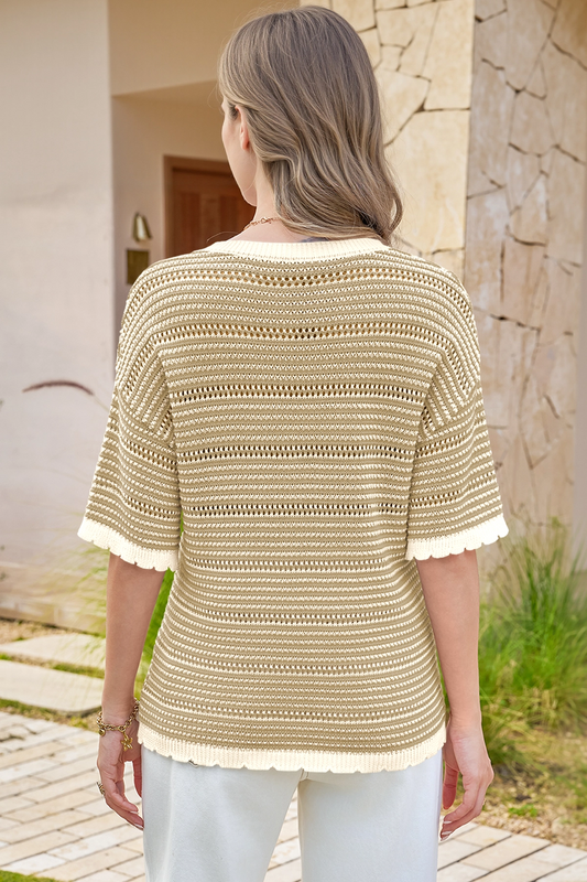 Fisoew Women's Khaki Striped Cropped Knit Tops - Fisoew