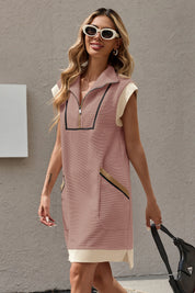 Womens Nude pink Half-Zip Contrast Casual Mini Dress Fisoew - Fisoew