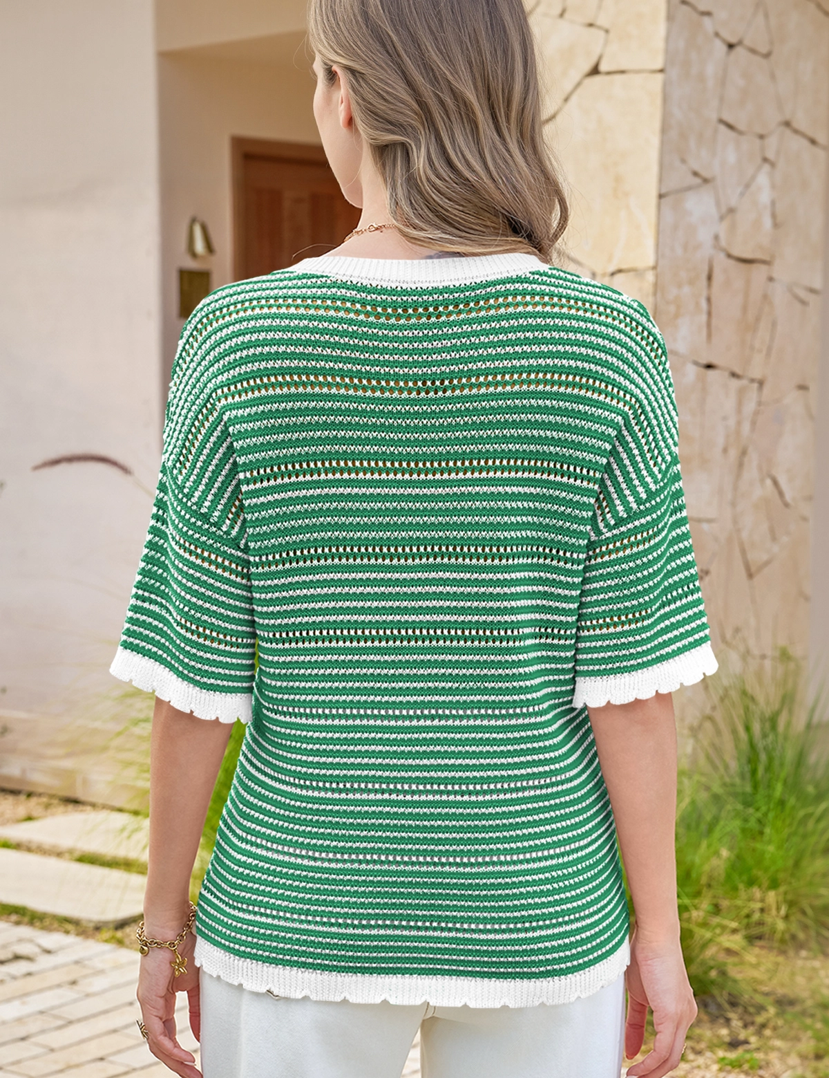 Fisoew Women's Green Striped Cropped Knit Tops - Fisoew