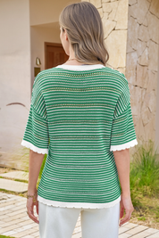Fisoew Women's Green Striped Cropped Knit Tops