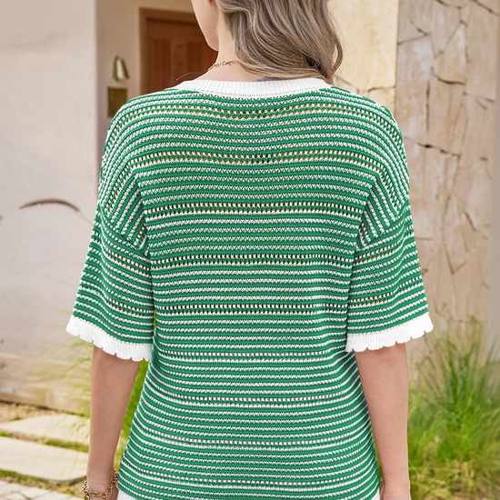 Fisoew Women's Green Striped Cropped Knit Tops - Fisoew