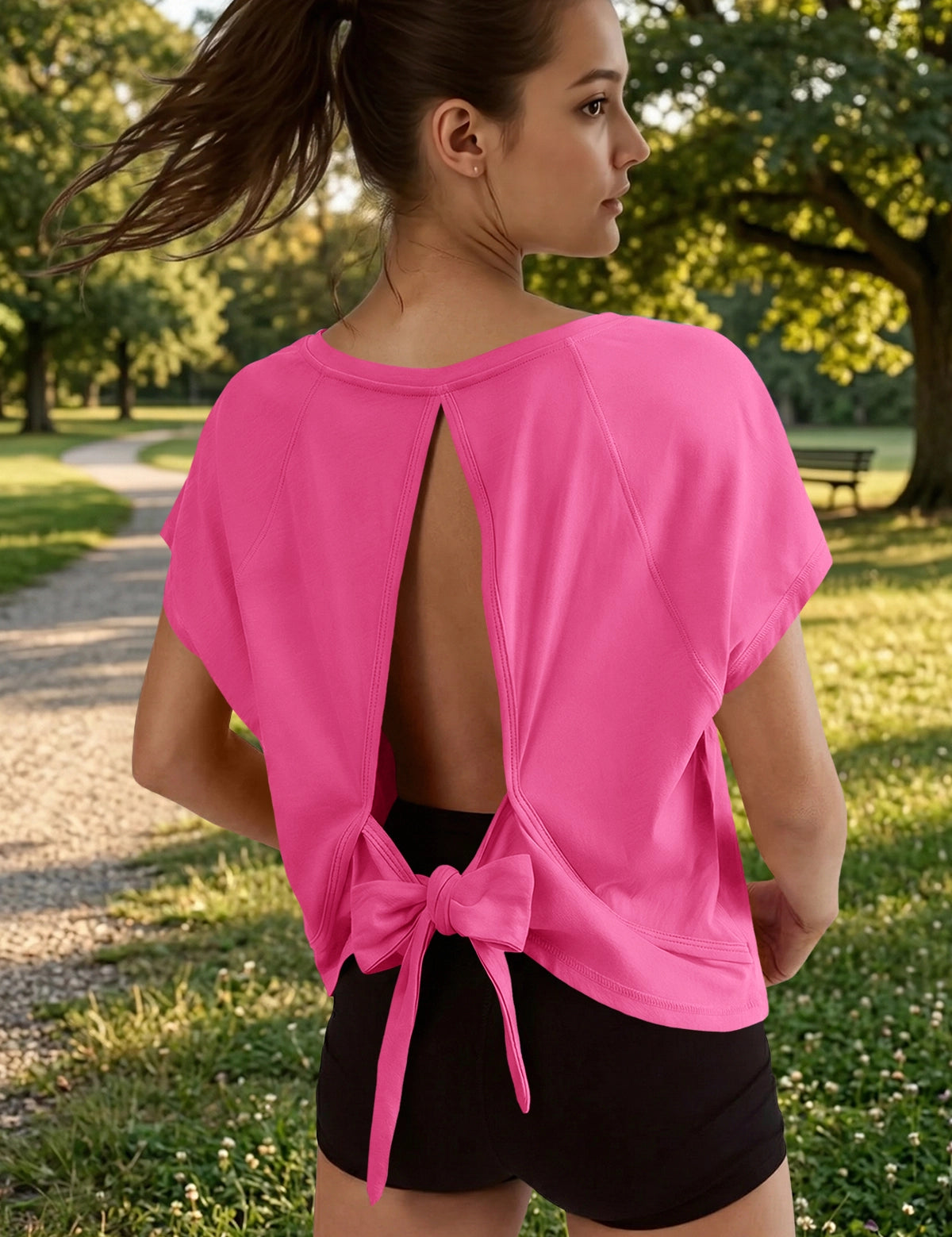 Fisoew Women's Rose Red Open Back Tie Workout Crop  Breathable T-shirt - Fisoew