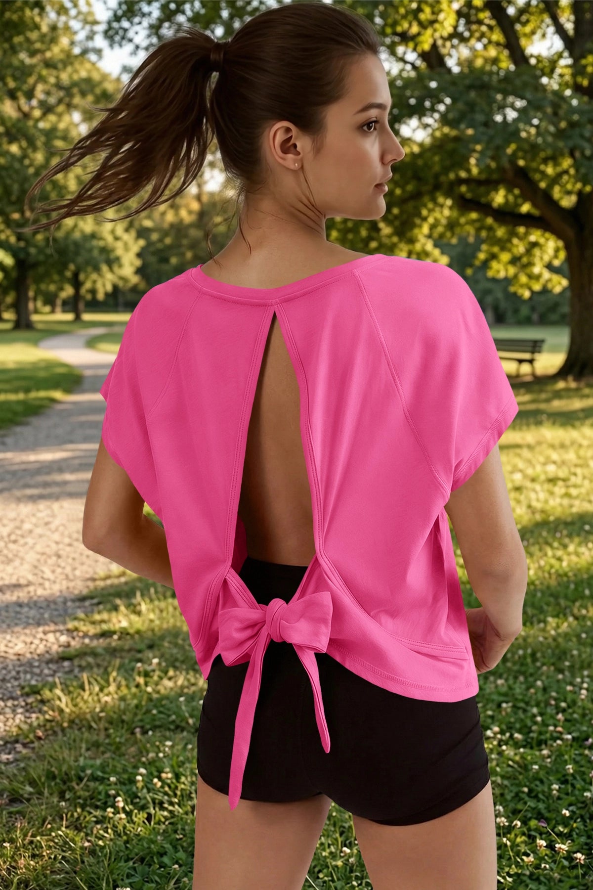 Fisoew Women's Rose Red Open Back Tie Workout Crop  Breathable T-shirt - Fisoew