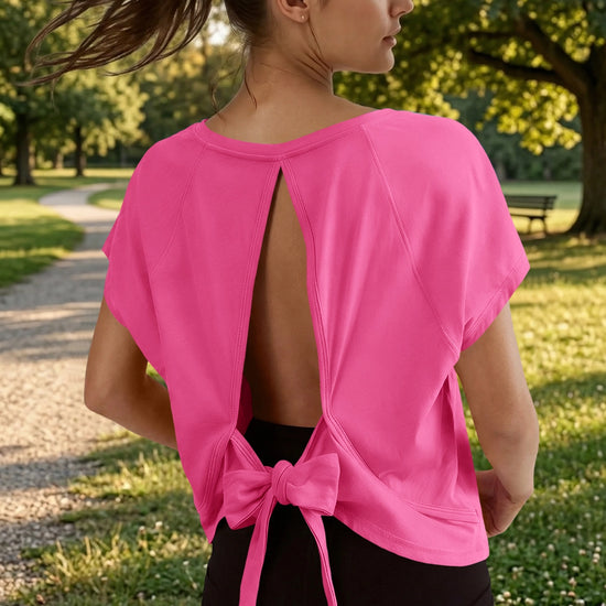 Fisoew Women's Rose Red Open Back Tie Workout Crop  Breathable T-shirt - Fisoew